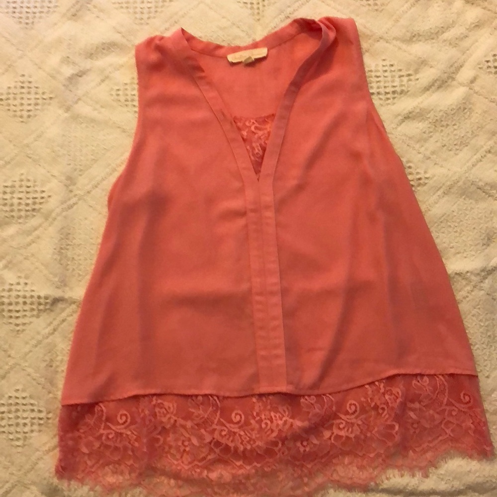 Pink, v-neck, tank top with lace bottom
